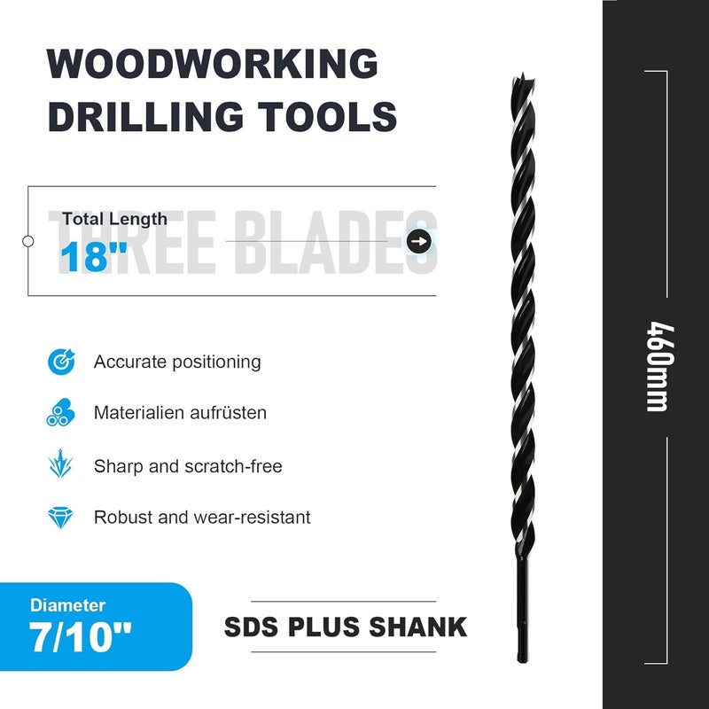 WOBLLMX 7/10" x 18" Auger Drill Bit with SDS Plus Shank for Wood,Tri Flute Ship Auger Long Drill Bit for Soft and Hard Wood,Tree Stump,Plastic,Drywall and Composite Materials - Image 2